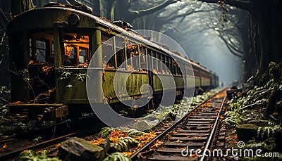 Old steam train speeds through abandoned forest, vanishing into darkness generated by AI Stock Photo