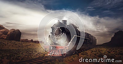 Old steam train, travel in valley Stock Photo