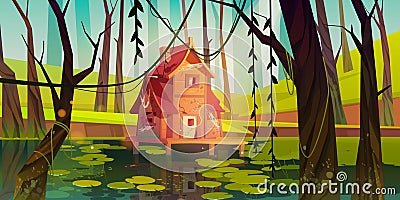 Old stilt house in swamp in forest Vector Illustration