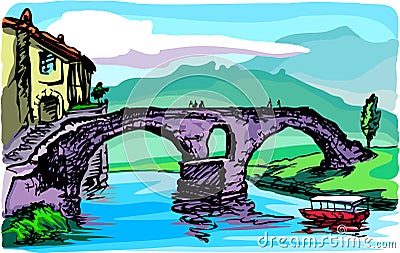 The old stone bridge over the river, a piece of the city and a pleasure boat on a summer sunny day against the backdrop of Vector Illustration