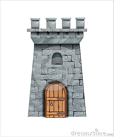 Old stone castle tower, vector medieval brick wall fortress, wooden door, loopholes. Vector Illustration