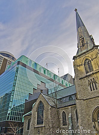 Old Stone Church with New Modern Addition Stock Photo