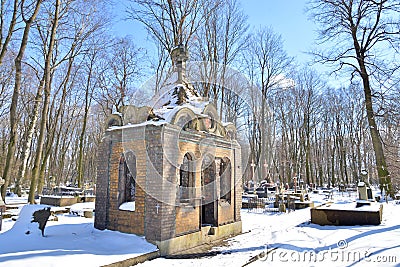 Old stone crypt in cemetery. Stock Photo