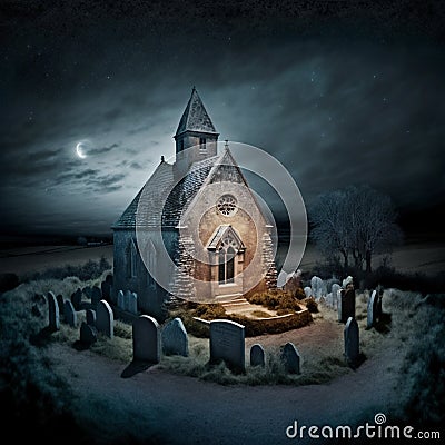 Old stone church in a small french village at night. Big sky, top view. Templar seal, occult, epic illustration Cartoon Illustration