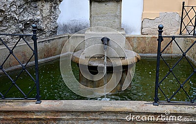 Old stone fountain for watering horses and horses with a spout of metal pipes. black metal fencing Stock Photo