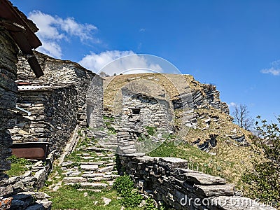 old stone houses in ticino. Derelict stone huts near the Monte Generoso mountain in Lugano. Nice hiking area.Spring time Stock Photo