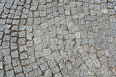 Old Stone Pavement Texture Background, Granite Cobblestone Road Pattern, Vintage Block Sidewalk Stock Photo