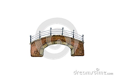 Old stone river bridge with wrought iron railing in a small town painted in watercolor isolated on white background Stock Photo
