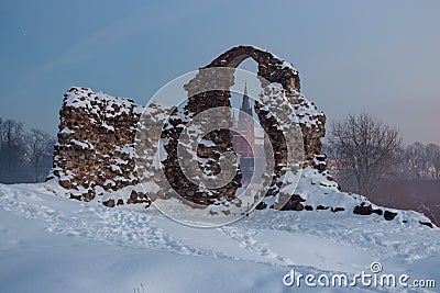 Old stone ruins in snow Stock Photo