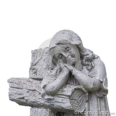 Old stone statue: child near the cross. White background child loss concept Stock Photo
