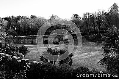 Old Stone Viaduct at a Scottish Castle in Winter Monochrome Stock Photo