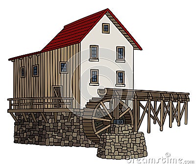 Old stone water mill Vector Illustration