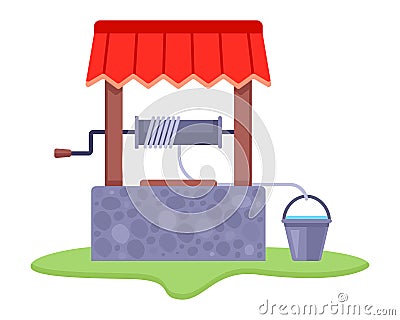 old stone well with a bucket of clean water. source of drinking water in the village. Vector Illustration