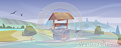 Old stone well with drinking water on green hill Vector Illustration