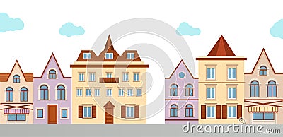 Old street european town with vintage houses. Urban landscape. retro home cartoon. Vector Illustration