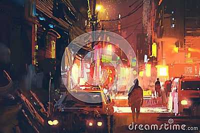 Old street in the futuristic city at night with colorful light Cartoon Illustration