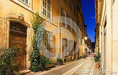 The old street in the historic quarter Panier of Marseille in South France at night Stock Photo