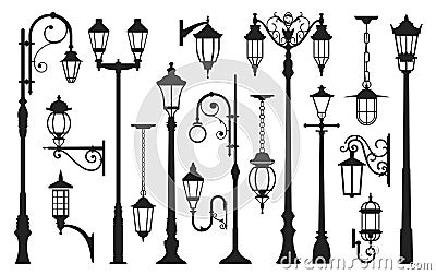 Old street lamp black silhouette, city vintage Vector Illustration