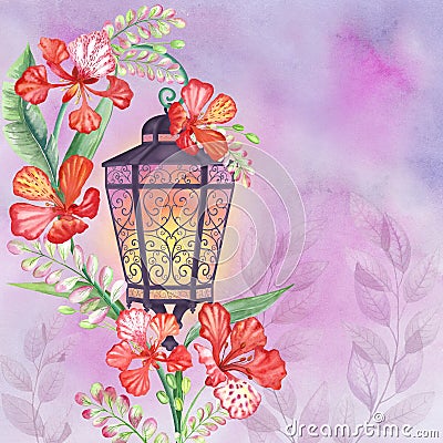 Old street light with tropical flowers decoration Fairy spring garden watercolor illustration Enchanted romantic scenery Cartoon Illustration