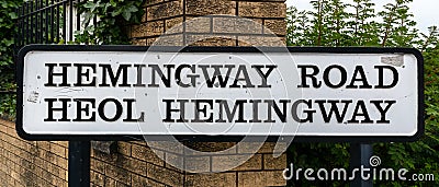 Old Street Name Signs Hemingway Road Heol Hemingway in Cardiff Editorial Stock Photo