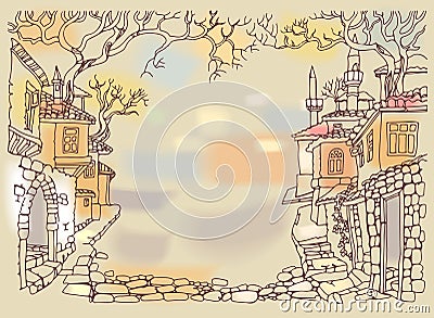 Old street of oriental city.Hand drawn sketchy houses and trees. Vector Illustration