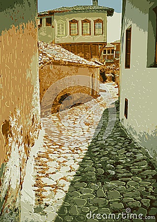 Old street with paving stones expensive. Vector Illustration