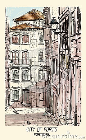 Old street in Porto, Portugal Vector Illustration