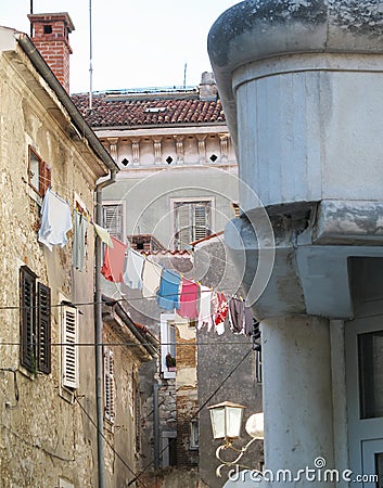 Ancient buildings on the old street of Rovinj, Croatia, Europe. Stock Photo