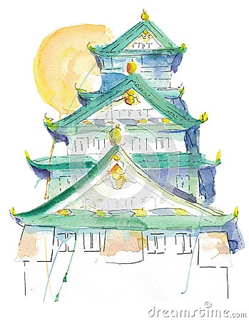 Old style japan castle from Hiroshima in watercolor and ink Stock Photo