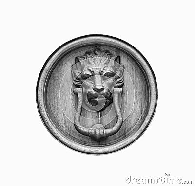 Old style lion`s head knocker isolated. Stock Photo