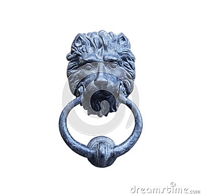 Old style lion`s head knocker isolated on white. Stock Photo