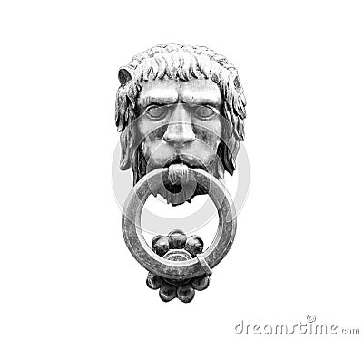 Old style lion`s head knocker isolated on white. Stock Photo