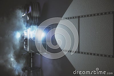 Old style movie camera with grey wall Stock Photo