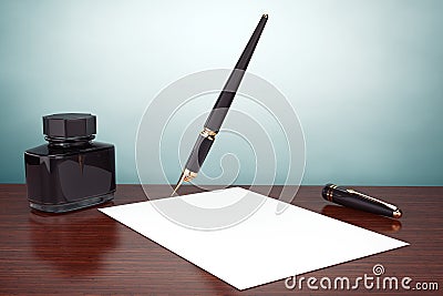 Old Style Photo. Fountain Pen with Ink Bottle and paper Stock Photo
