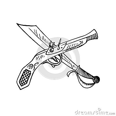 Old style pistol and machete crossed, side view, hand drawn doodle, sketch, black and white vector Vector Illustration