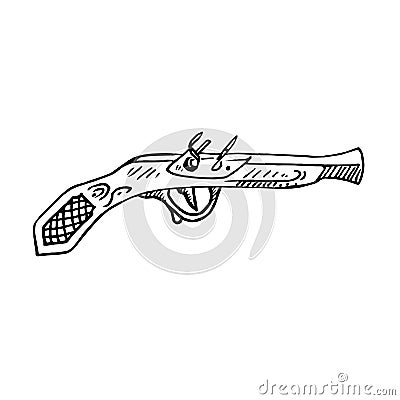 Old style pistol side view, hand drawn doodle, sketch, black and white vector Vector Illustration