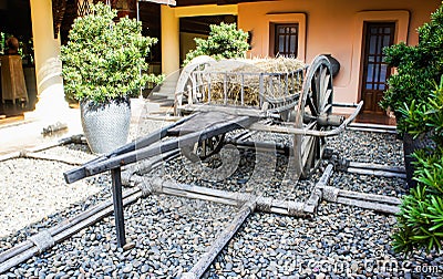 Old style two-wheeled cart, wooden cart. Stock Photo