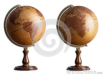 Old style world Globe isolated on white background. Two hemispheres of the globe in antique style. South and North America and Stock Photo