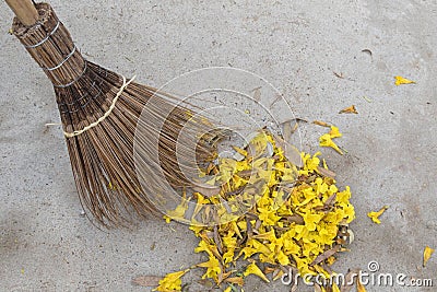 Old styled broom made of coconut leaf stalks sweeping yellow flo Stock Photo