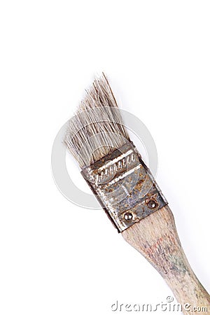 Old stylish worn out rusty paintbrush, vintage brush on white background Stock Photo