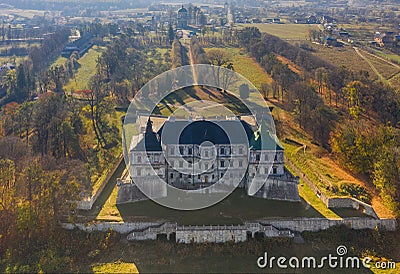 Old stylized Podgortsy castle, Podgortsy village, Renaissance palace, front view, Lviv region, Ukraine. In the background, an Editorial Stock Photo