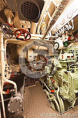 Old submarine diesel engine compartment Stock Photo
