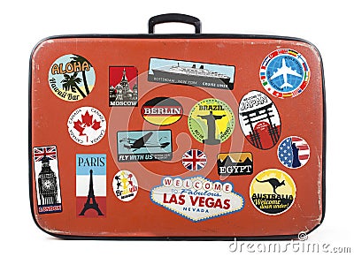 Old suitcase with stickers Stock Photo