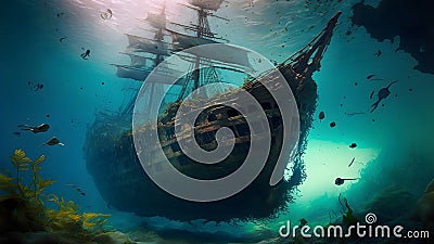 old sunken wooden sail ship on sea floor, neural network generated art Stock Photo
