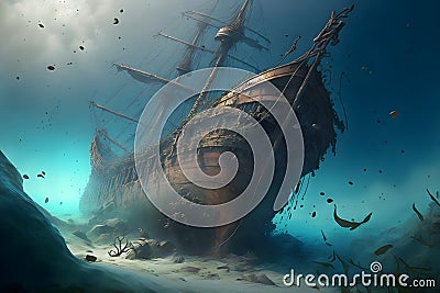 old sunken wooden sail ship on sea floor, neural network generated art Stock Photo