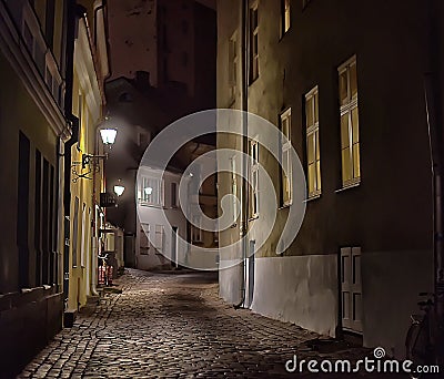 Old Tallinn, Estonia. Dark street at night Editorial Stock Photo