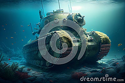 old tank wreck underwater. sunken military tank Cartoon Illustration