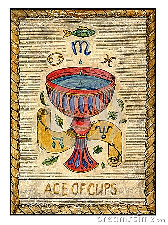 Old tarot cards. Full deck. Ace of Cups Cartoon Illustration