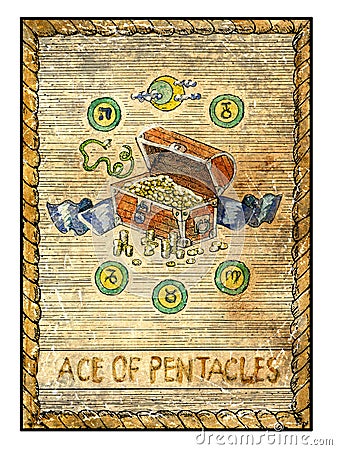 Old tarot cards. Full deck. Ace of pentacles Cartoon Illustration