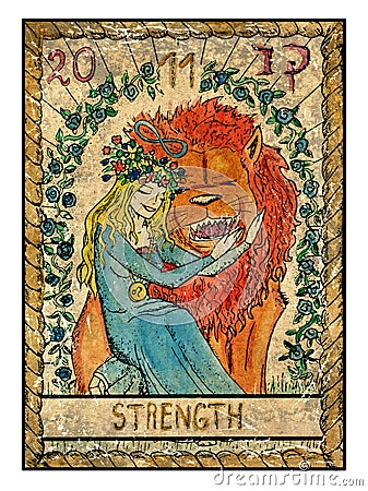 Old tarot cards. Full deck. Strength Cartoon Illustration